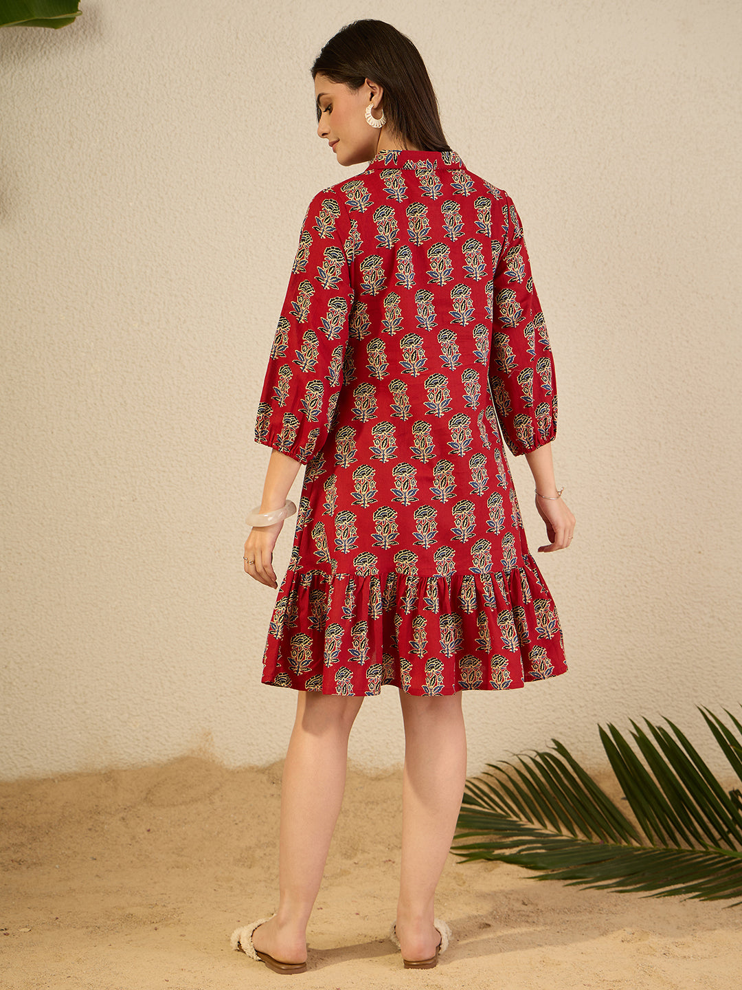 Janasya Women's Rust Pure Cotton Floral Printed A-Line Dress