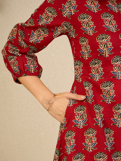 Janasya Women's Rust Pure Cotton Floral Printed A-Line Dress