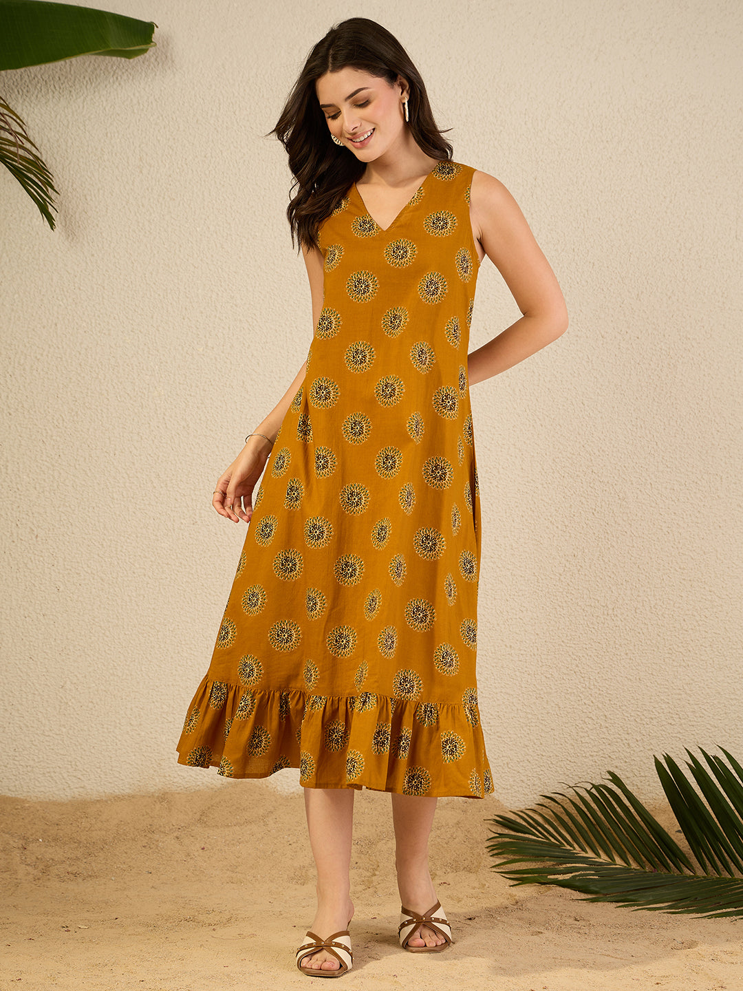 Janasya Women's Mustard Pure Cotton Floral Printed A-Line Dress