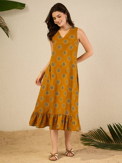 Janasya Women's Mustard Pure Cotton Floral Printed A-Line Dress