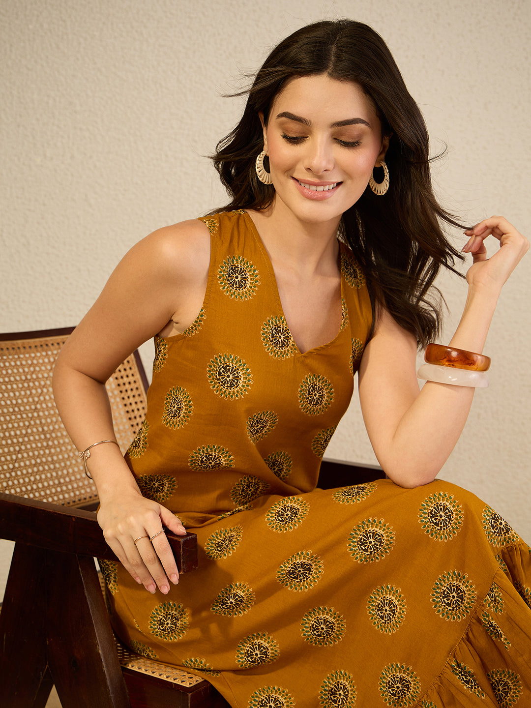 Janasya Women's Mustard Pure Cotton Floral Printed A-Line Dress