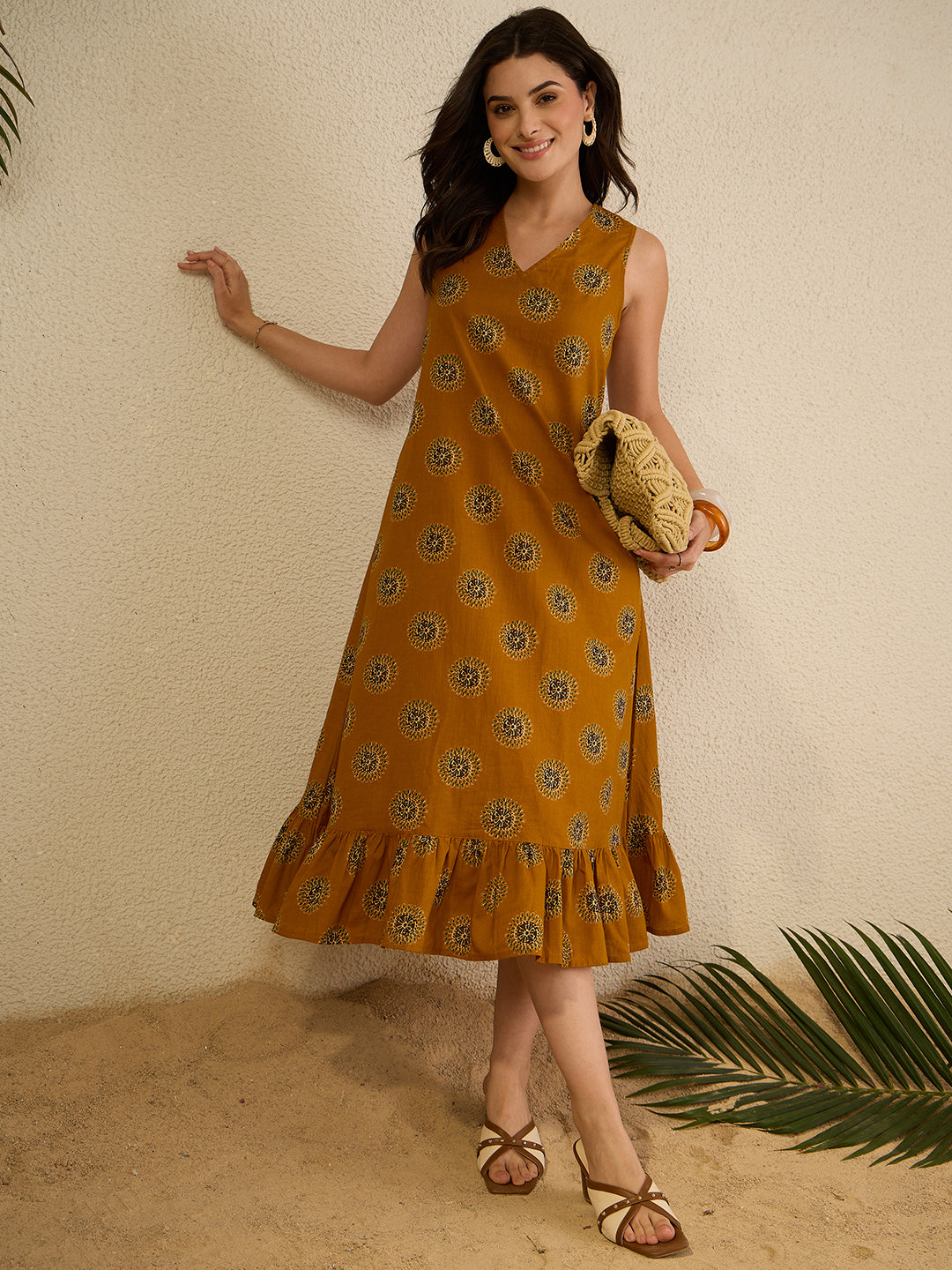 Janasya Women's Mustard Pure Cotton Floral Printed A-Line Dress