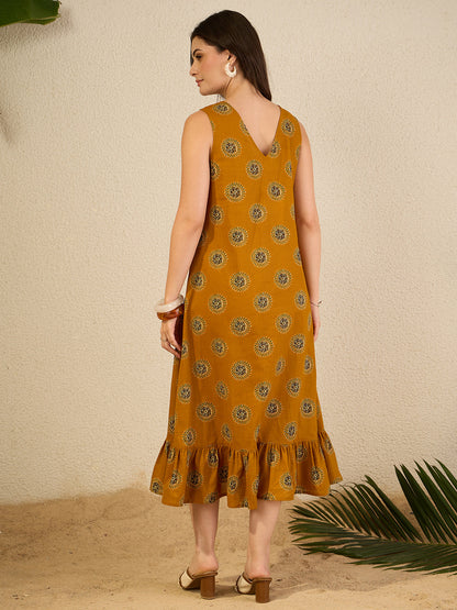 Janasya Women's Mustard Pure Cotton Floral Printed A-Line Dress