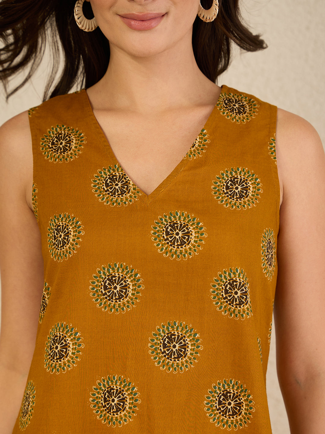 Janasya Women's Mustard Pure Cotton Floral Printed A-Line Dress