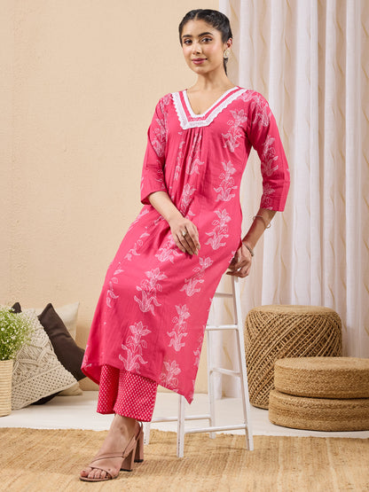 Janasya Women's Pink Pure Cotton Floral Printed A-line Kurta Pant Set