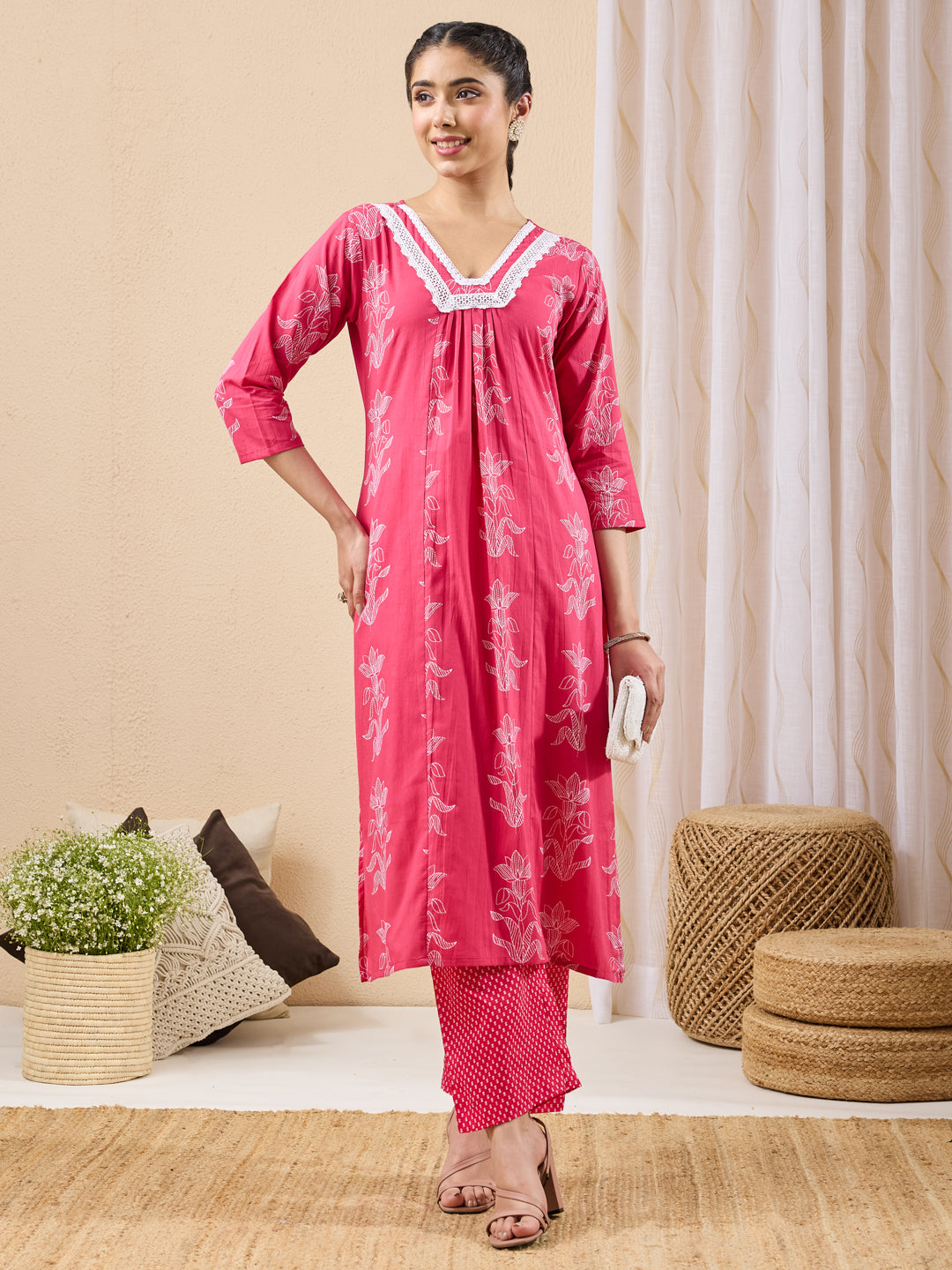 Janasya Women's Pink Pure Cotton Floral Printed A-line Kurta Pant Set