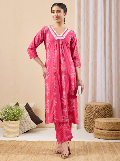 Janasya Women's Pink Pure Cotton Floral Printed A-line Kurta Pant Set