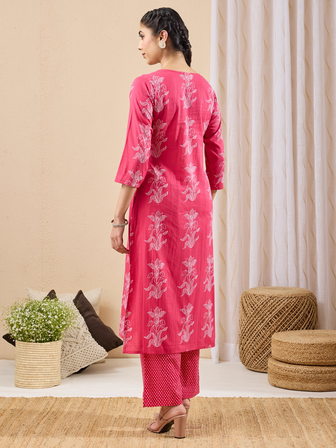 Janasya Women's Pink Pure Cotton Floral Printed A-line Kurta Pant Set