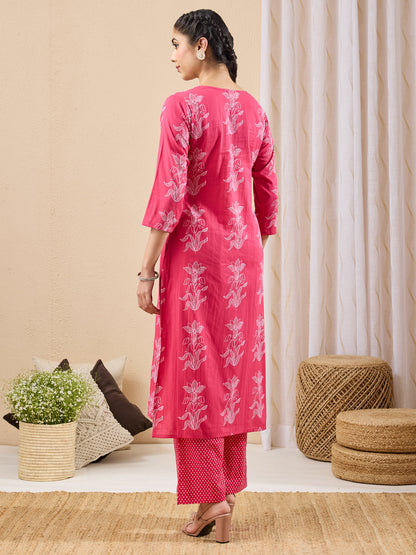 Janasya Women's Pink Pure Cotton Floral Printed A-line Kurta Pant Set