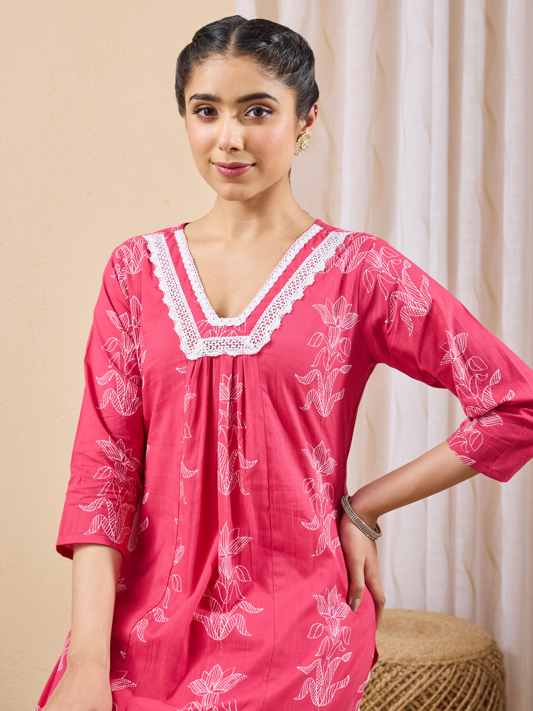 Janasya Women's Pink Pure Cotton Floral Printed A-line Kurta Pant Set