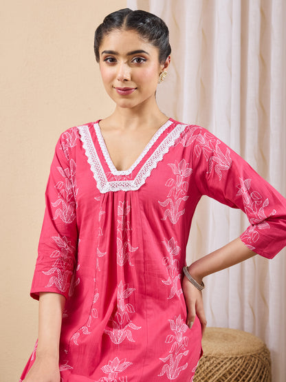 Janasya Women's Pink Pure Cotton Floral Printed A-line Kurta Pant Set
