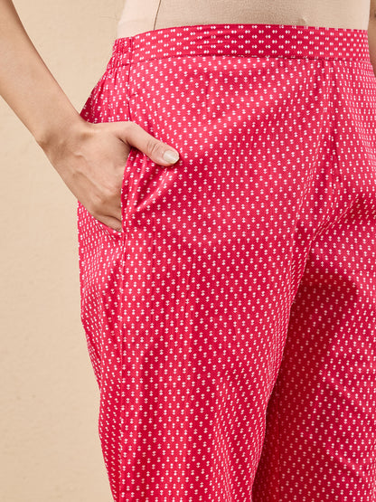 Janasya Women's Pink Pure Cotton Floral Printed A-line Kurta Pant Set