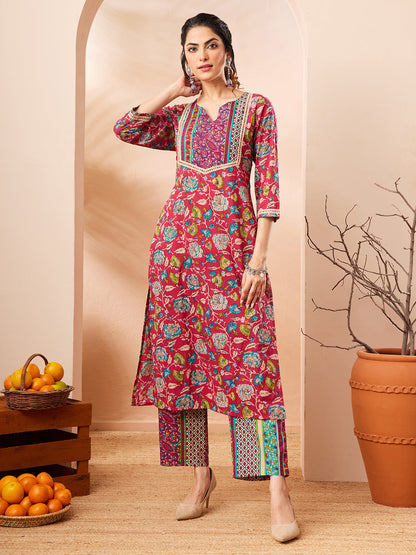 Janasya Women's Pink Pure Cotton Floral Printed Straight Kurta Pant Set