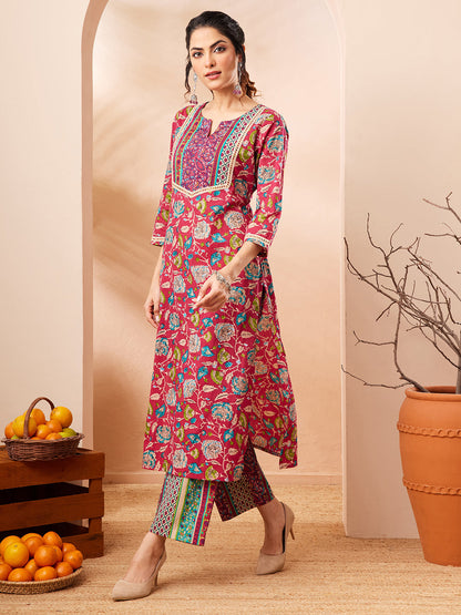 Janasya Women's Pink Pure Cotton Floral Printed Straight Kurta Pant Set