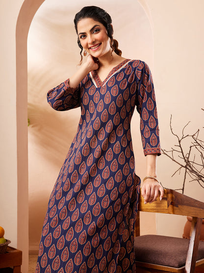 Janasya Women's Navy Blue Pure Cotton Printed Straight Kurta Pant Set