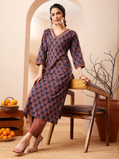 Janasya Women's Navy Blue Pure Cotton Printed Straight Kurta Pant Set