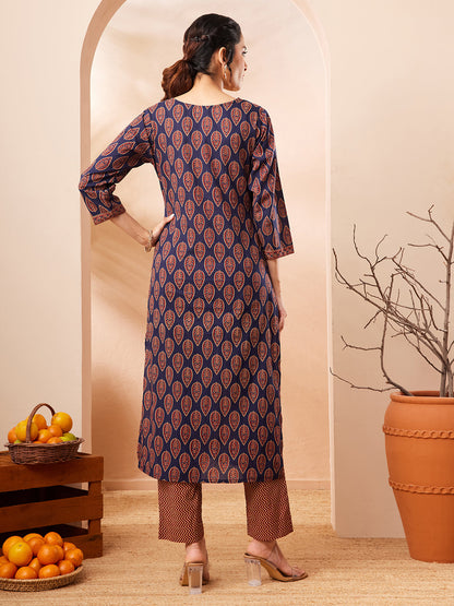 Janasya Women's Navy Blue Pure Cotton Printed Straight Kurta Pant Set