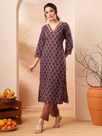 Janasya Women's Navy Blue Pure Cotton Printed Straight Kurta Pant Set