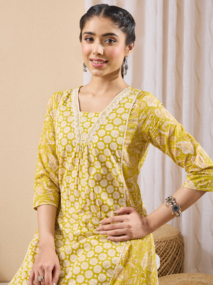 Janasya Women's Lime Yellow Pure Cotton Floral Printed A-line Kurta Pant Set