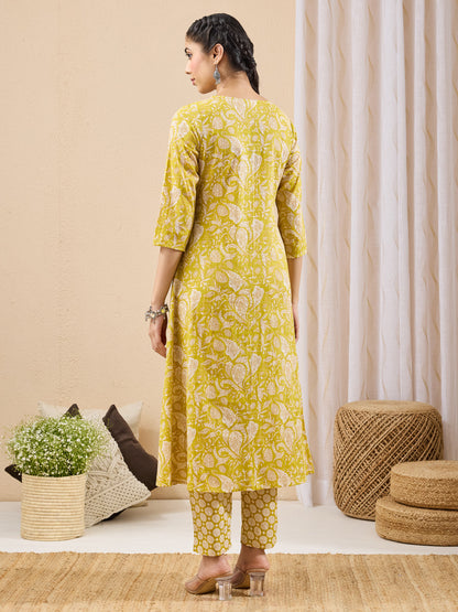 Janasya Women's Lime Yellow Pure Cotton Floral Printed A-line Kurta Pant Set
