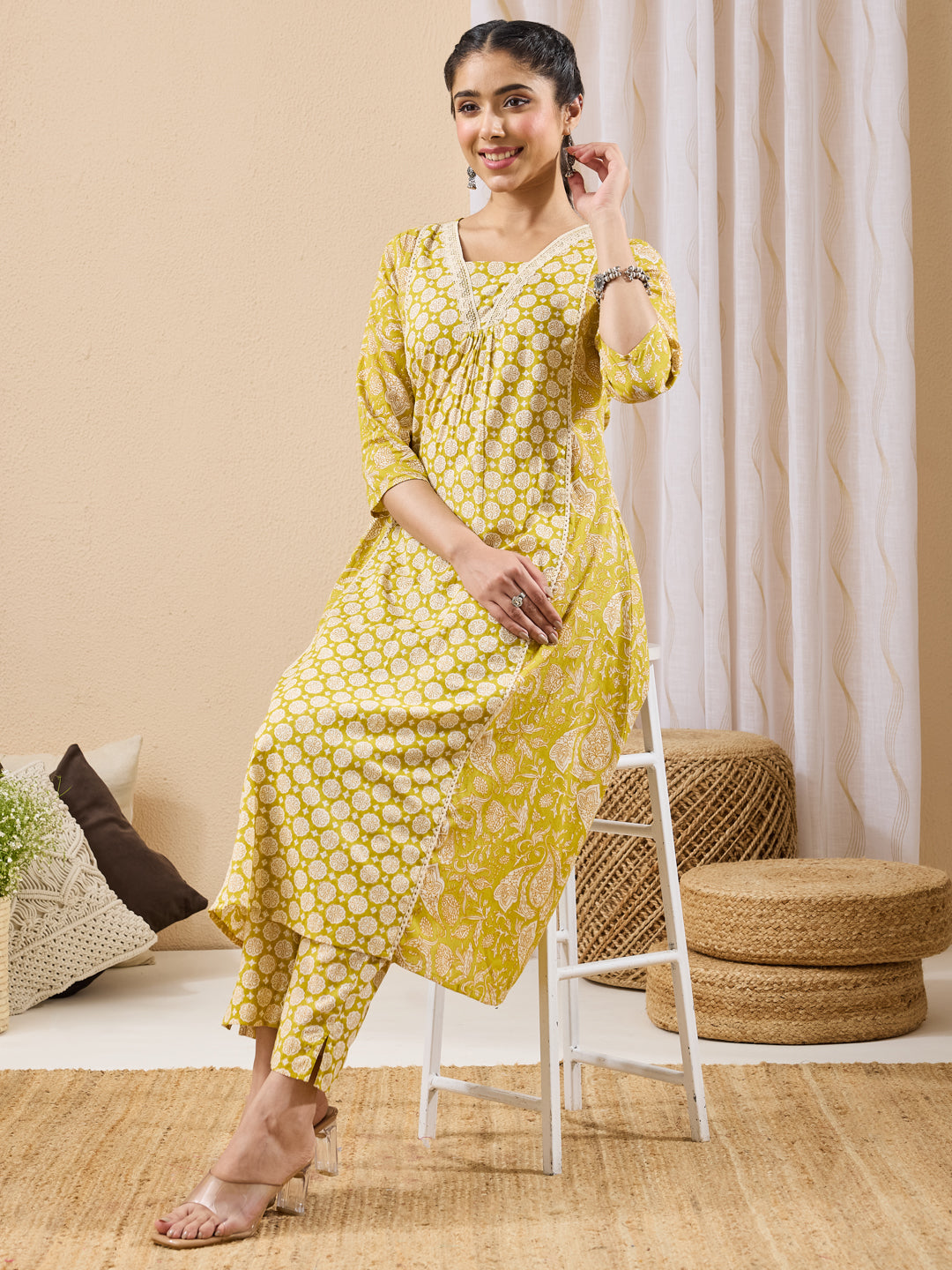 Janasya Women's Lime Yellow Pure Cotton Floral Printed A-line Kurta Pant Set