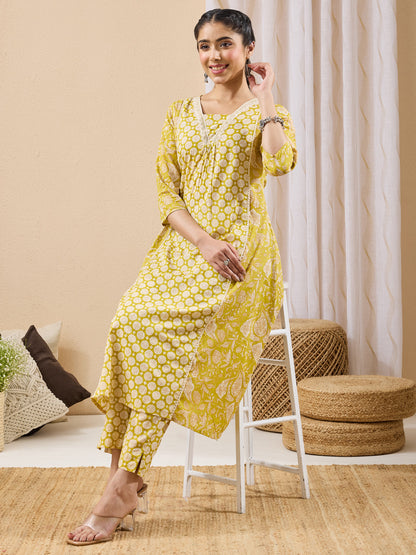 Janasya Women's Lime Yellow Pure Cotton Floral Printed A-line Kurta Pant Set