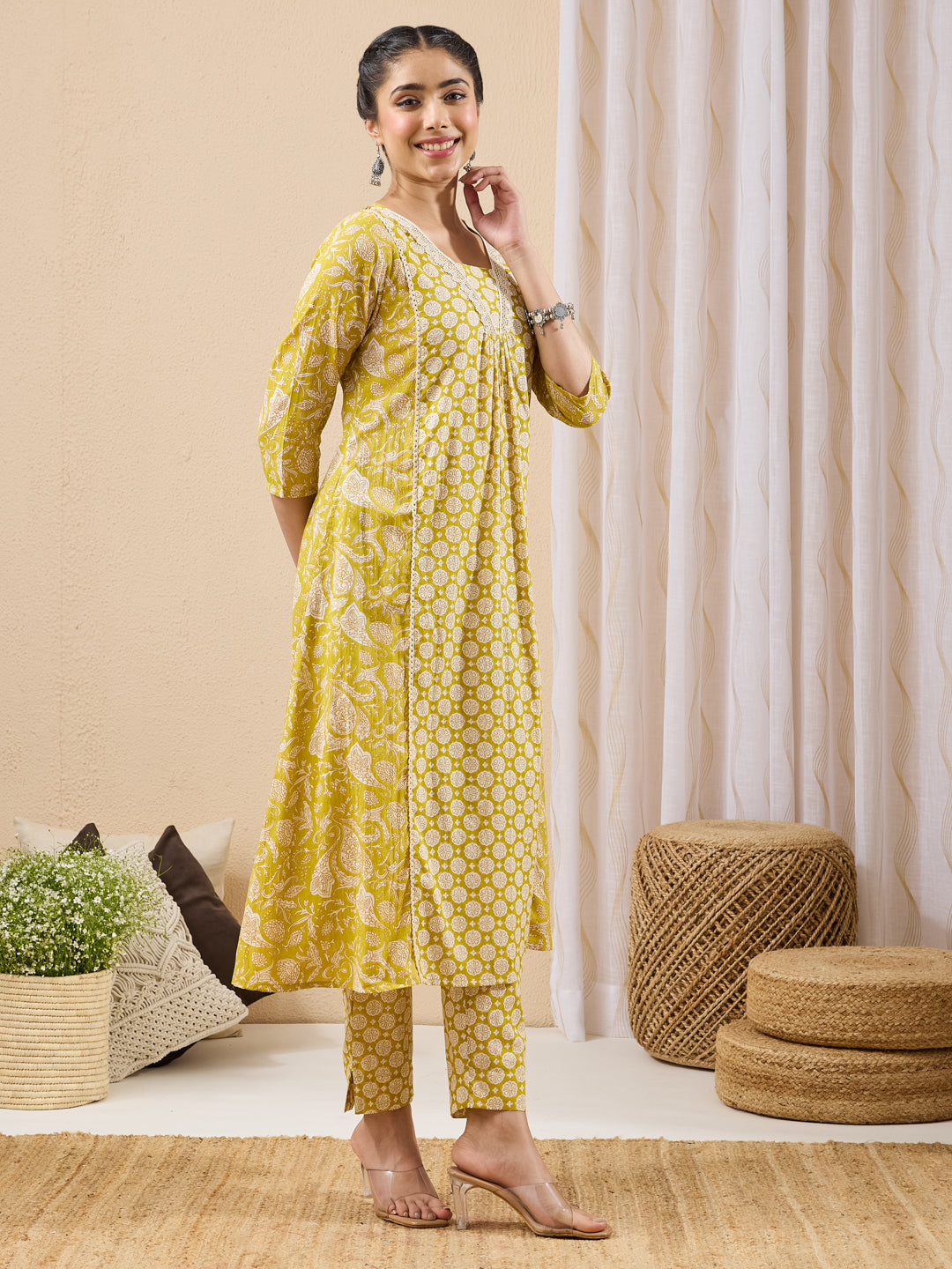 Janasya Women's Lime Yellow Pure Cotton Floral Printed A-line Kurta Pant Set