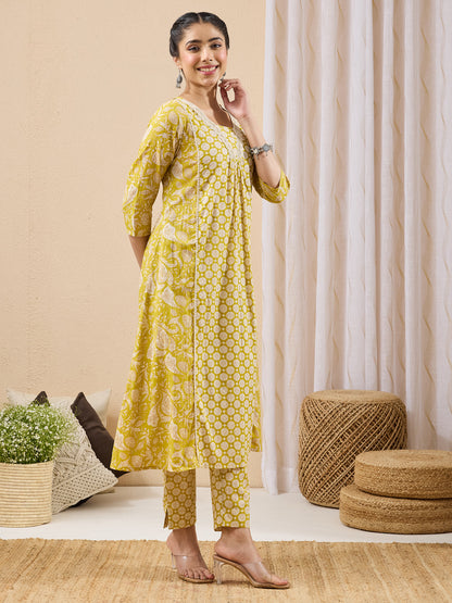 Janasya Women's Lime Yellow Pure Cotton Floral Printed A-line Kurta Pant Set