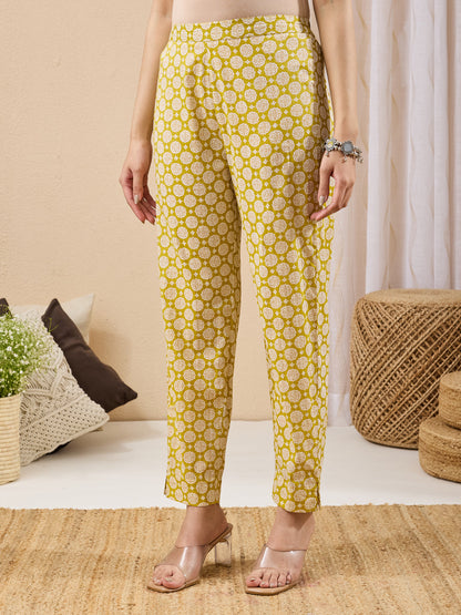 Janasya Women's Lime Yellow Pure Cotton Floral Printed A-line Kurta Pant Set