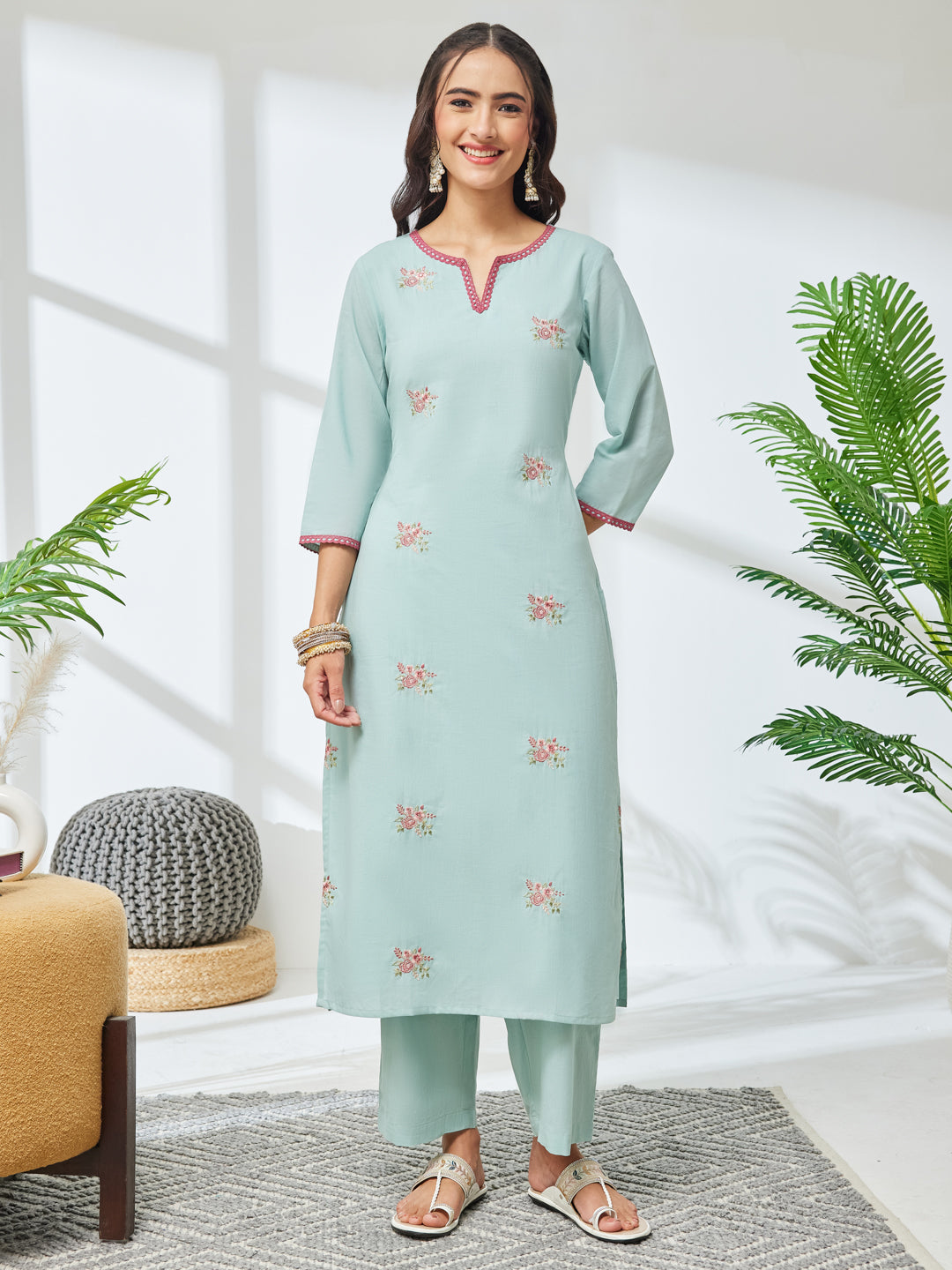 Janasya Women's Sea Green Pure Cotton Embroidered Straight Kurta with Pant Set