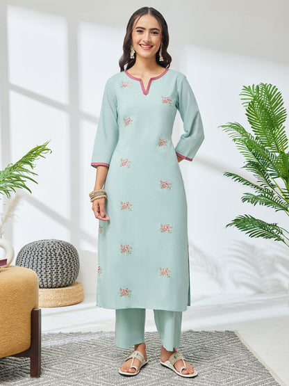 Janasya Women's Sea Green Pure Cotton Embroidered Straight Kurta with Pant Set