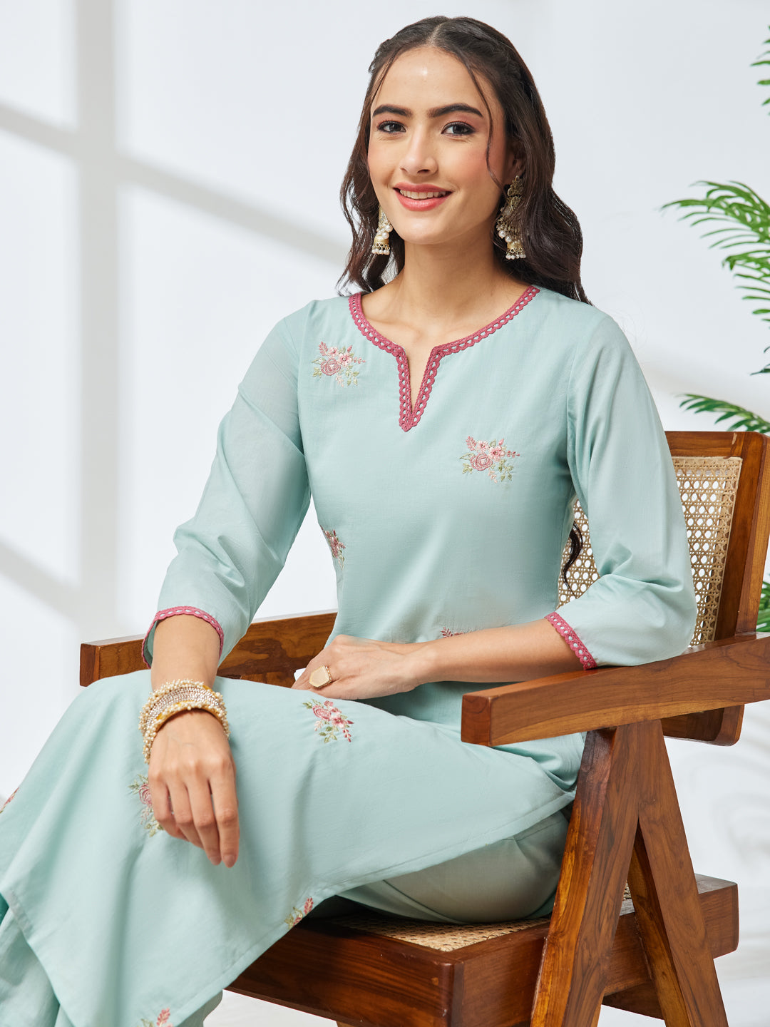 Janasya Women's Sea Green Pure Cotton Embroidered Straight Kurta with Pant Set