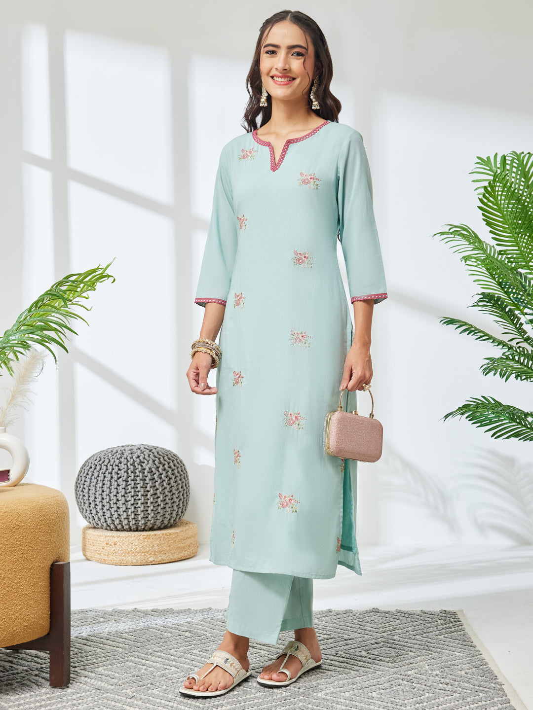 Janasya Women's Sea Green Pure Cotton Embroidered Straight Kurta with Pant Set