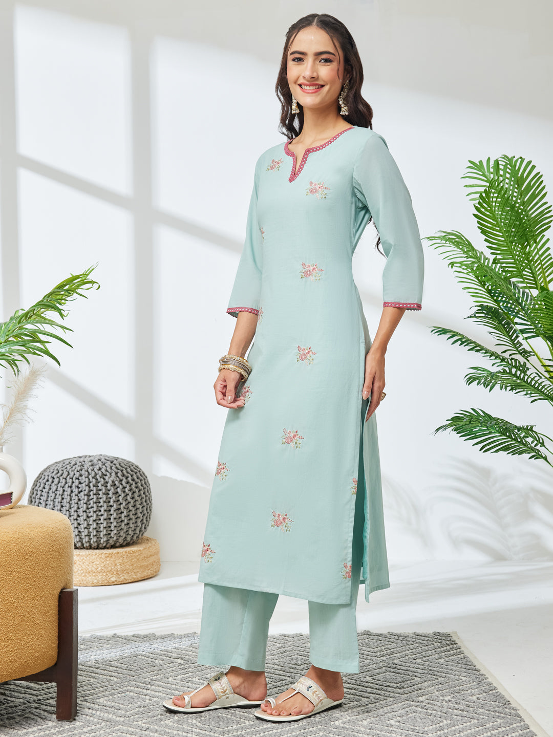 Janasya Women's Sea Green Pure Cotton Embroidered Straight Kurta with Pant Set