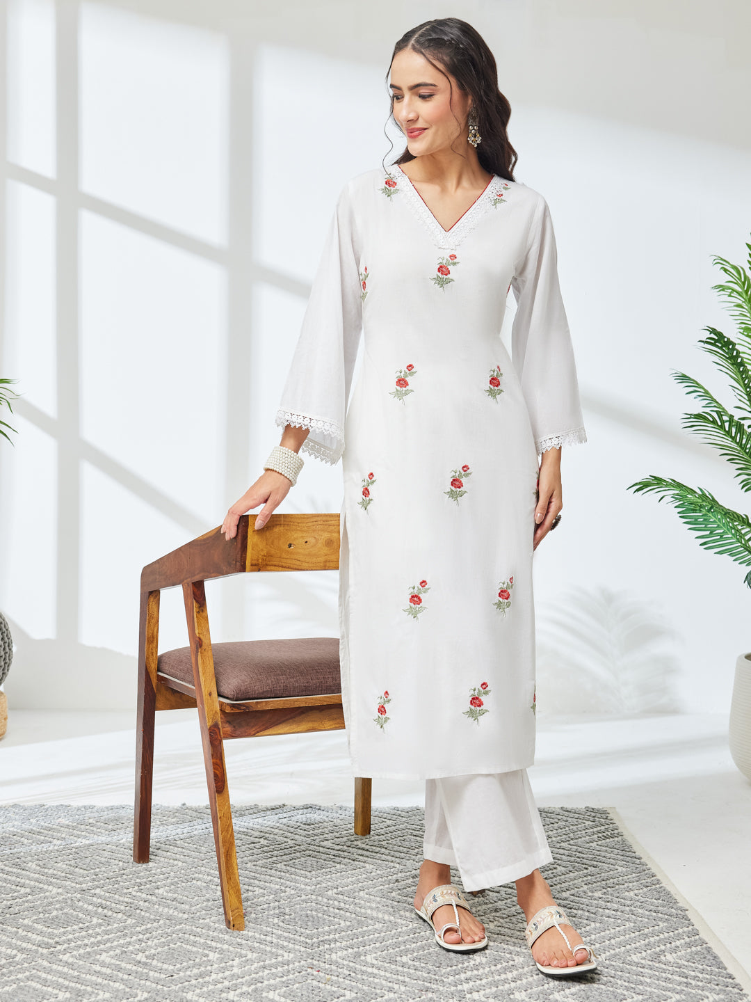 Janasya Women's White Pure Cotton Embroidered Straight Kurta With Pant Set