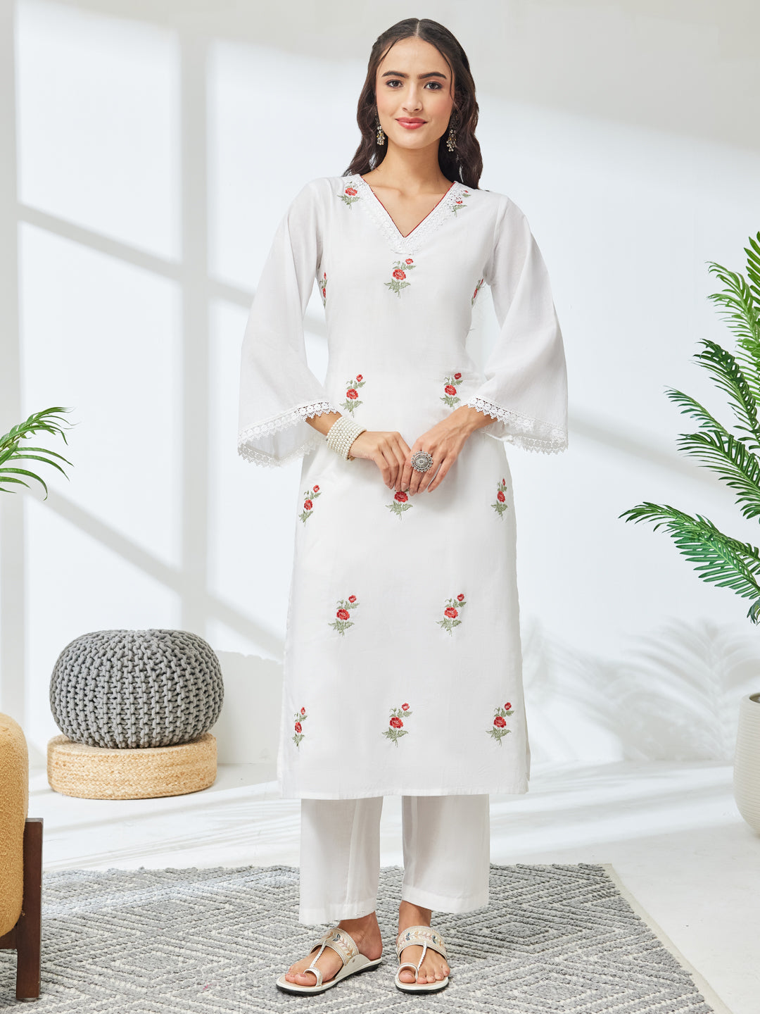 Janasya Women's White Pure Cotton Embroidered Straight Kurta With Pant Set