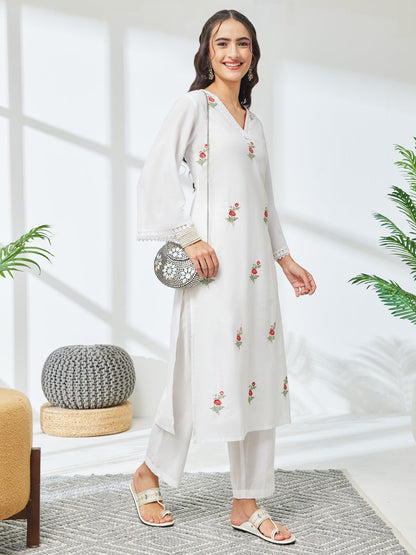 Janasya Women's White Pure Cotton Embroidered Straight Kurta With Pant Set