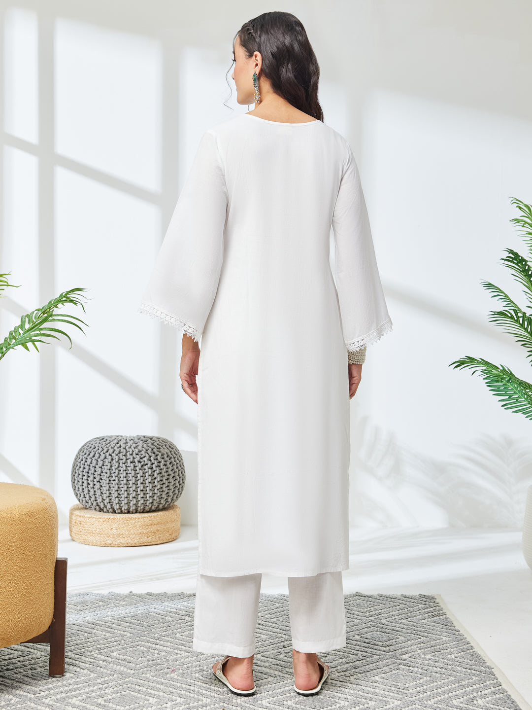 Janasya Women's White Pure Cotton Embroidered Straight Kurta With Pant Set