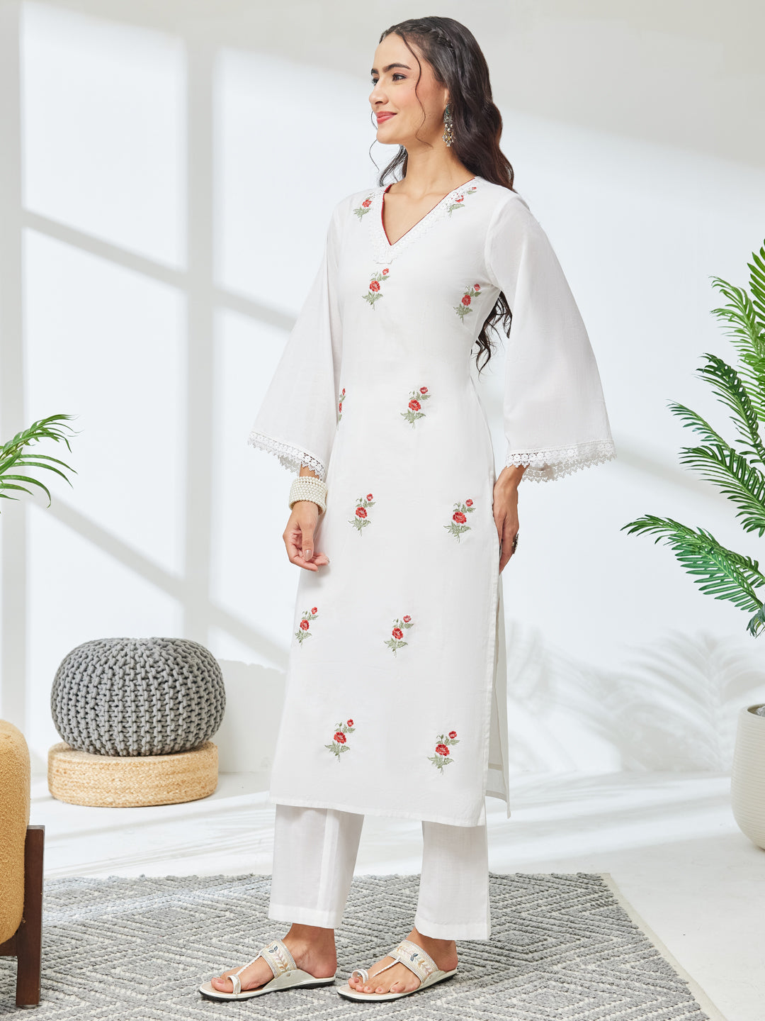 Janasya Women's White Pure Cotton Embroidered Straight Kurta With Pant Set
