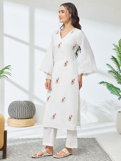 Janasya Women's White Pure Cotton Embroidered Straight Kurta With Pant Set