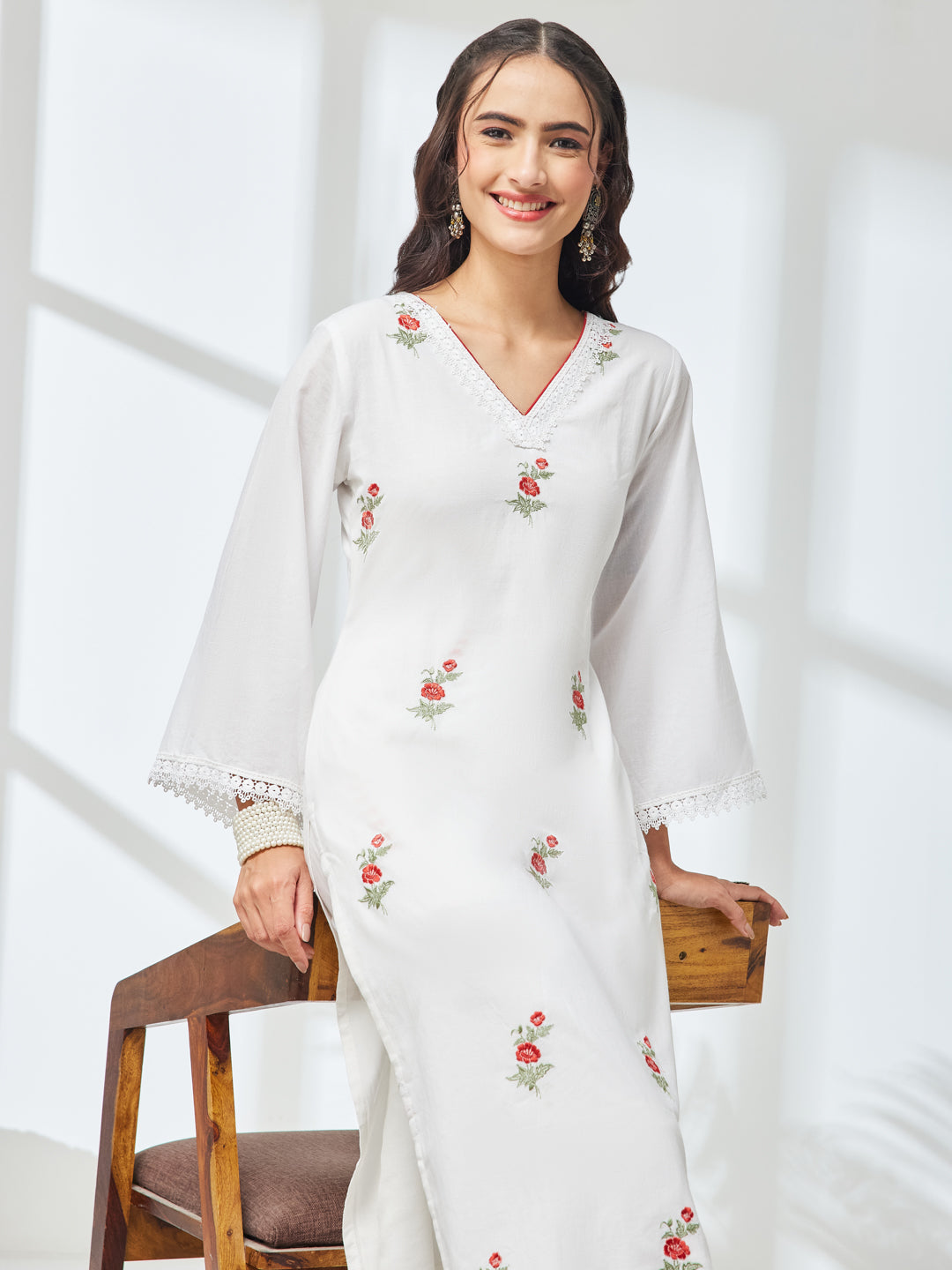 Janasya Women's White Pure Cotton Embroidered Straight Kurta With Pant Set