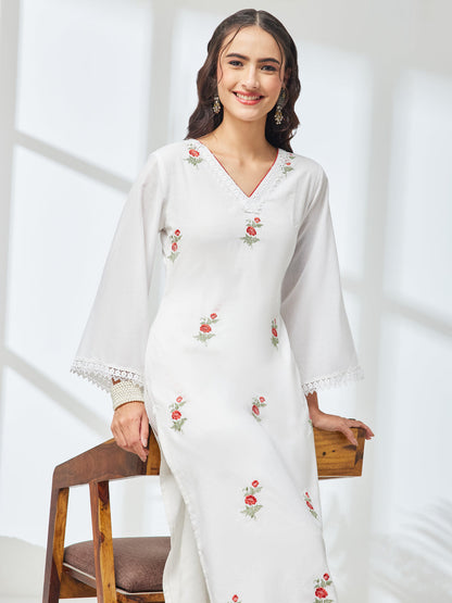 Janasya Women's White Pure Cotton Embroidered Straight Kurta With Pant Set