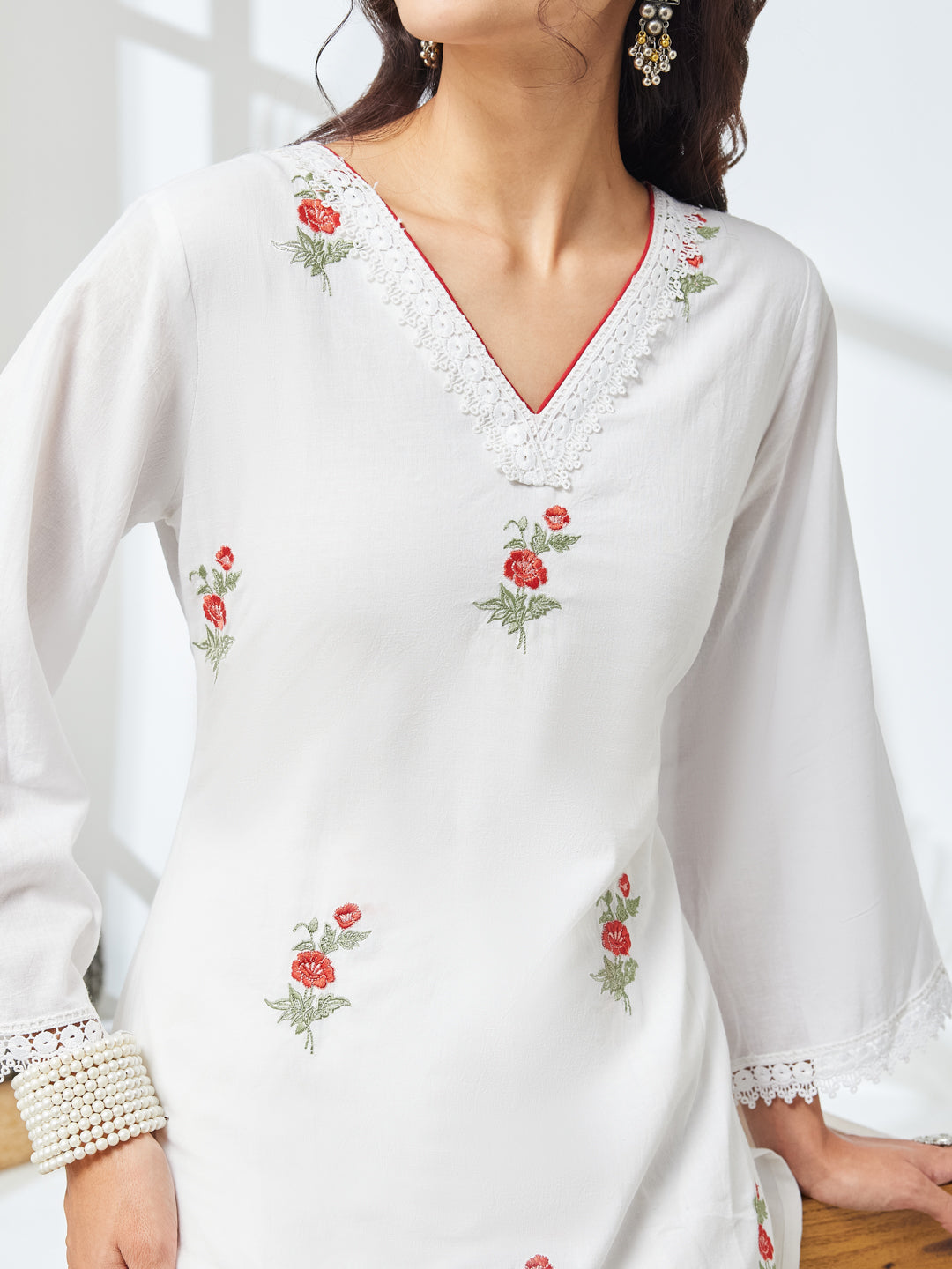 Janasya Women's White Pure Cotton Embroidered Straight Kurta With Pant Set