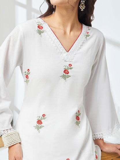 Janasya Women's White Pure Cotton Embroidered Straight Kurta With Pant Set