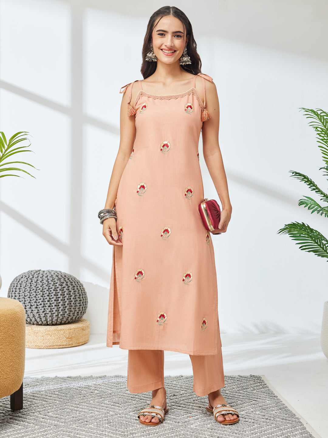 Janasya Women's Peach Pure Cotton Embroidered Straight Kurta With Pant Set