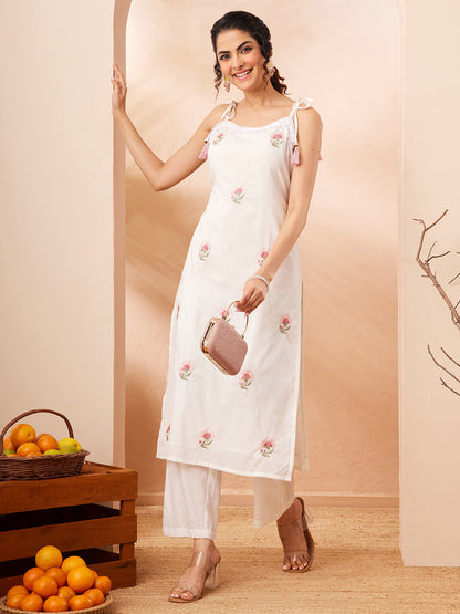 Janasya Women's White Pure Cotton Embroidered Straight Kurta With Pant Set