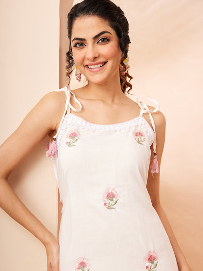 Janasya Women's White Pure Cotton Embroidered Straight Kurta With Pant Set