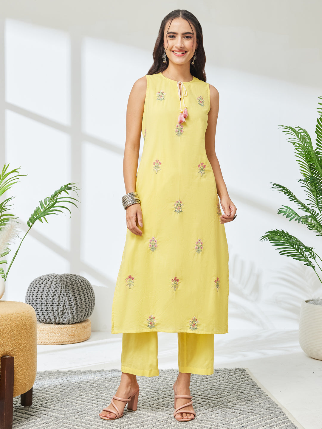 Janasya Women's Yellow Pure Cotton Embroidered Straight Kurta With Pant Set