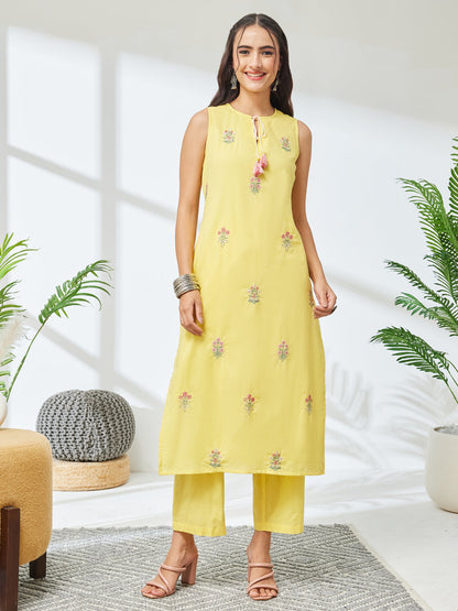 Janasya Women's Yellow Pure Cotton Embroidered Straight Kurta With Pant Set