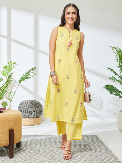 Janasya Women's Yellow Pure Cotton Embroidered Straight Kurta With Pant Set